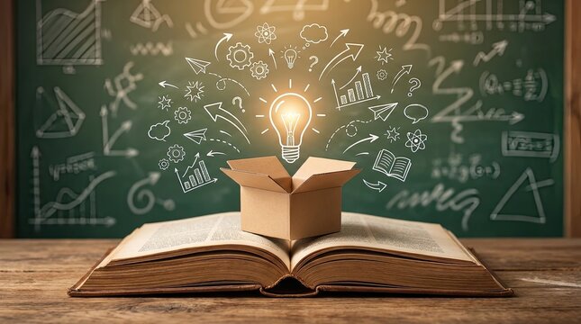 Open book with cardboard box releasing light bulb and creative ideas on chalkboard background.