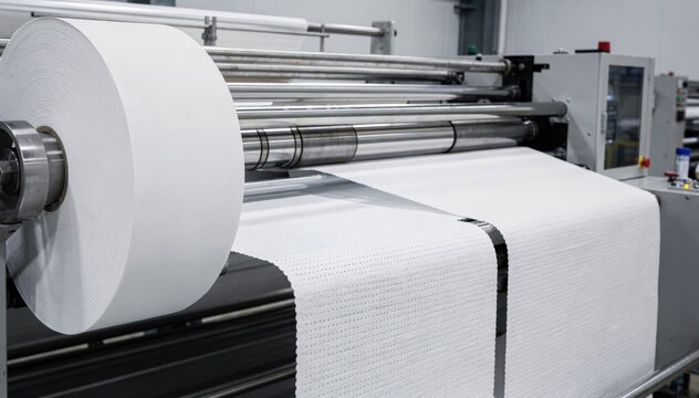 Medium shot of a machine converting large white parent rolls into perforated paper towel sheets with smooth texture and clean edges.