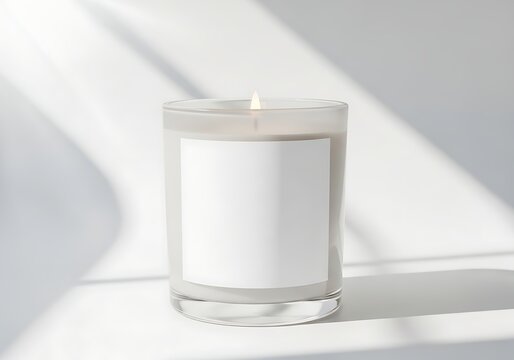 Clear glass scented candle jar with blank label for branding, soft daylight shadows, mock-up template, interior decor