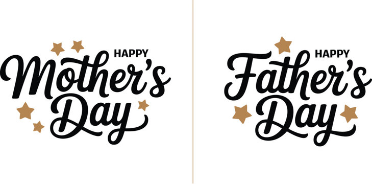 Classic black script typography for mothers day and fathers day greeting cards with minimalist brown star accents on a clean white background for print