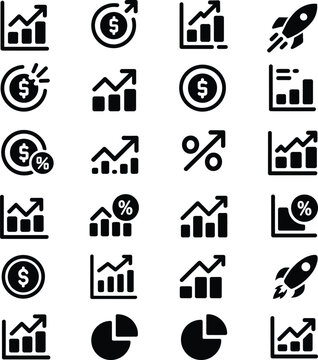 Business growth and financial charts icons with pie chart bar chart line chart black and white