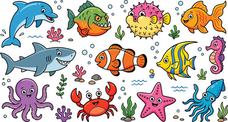 Obraz premium Cute Cartoon Sea Animals Vector Set with Dolphin, Shark, Clownfish, Angelfish, Goldfish, Seahorse, Octopus, Crab, Starfish, Pufferfish, and Squid for Underwater Illustrations