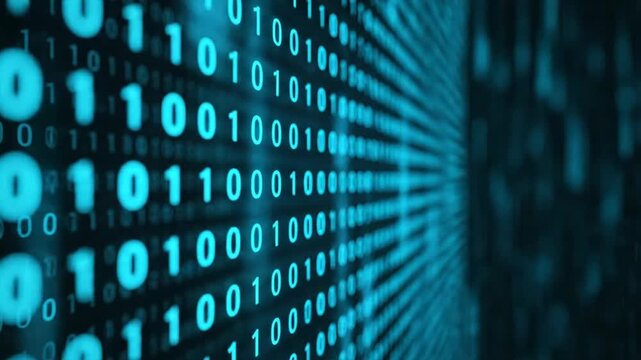 Binary code data stream on dark background.