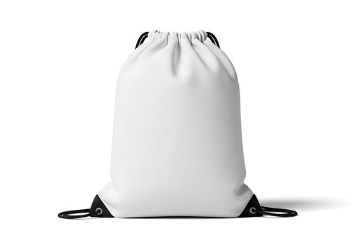Isolated empty white drawstring bag mockup, blank polyester backpack for sports and gym, branding template, product display