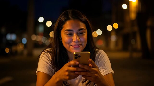 Evening Connection: A young woman, illuminated by the soft glow of her smartphone, smiles as she engages with technology outdoors at night, with blurred city lights in the background.