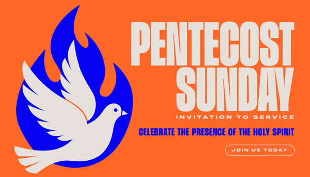 Pentecost sunday banner with dove in flame. Invitation the christian service of pentecost with Holy Spirit and text. Vector illustration