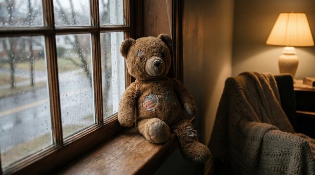 Old patched teddy bear sits on wooden windowsill looking at rain. Evokes nostalgia, loneliness, and childhood memories. Ideal for storytelling, mental health, or emotional design.