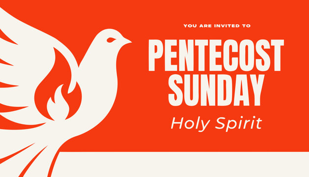 Pentecost sunday banner with dove in flame. Invitation the christian service of pentecost with Holy Spirit and text. Vector illustration