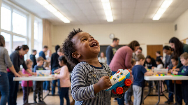 Children's Day community center celebration toddler laughing with toy for festival greeting cards social media educational promotional marketing materials