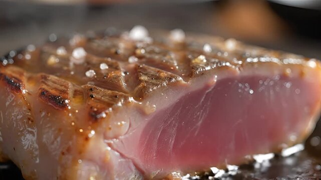 Closeup of a perfectly seared steak with coarse salt crystals glistening.