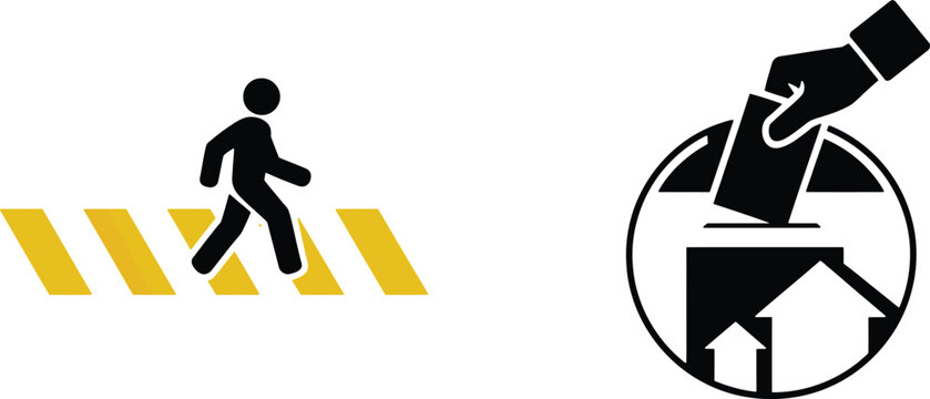 Minimalist set featuring a pedestrian crossing a street and a hand casting a ballot into a voting box for election and civic participation concepts