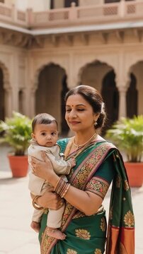 Indian Grandmother Holding Her Grandson in Traditional Saree at Heritage Courtyard, Representing Multi-Generational Family Love, Cultural Heritage, and Bonding