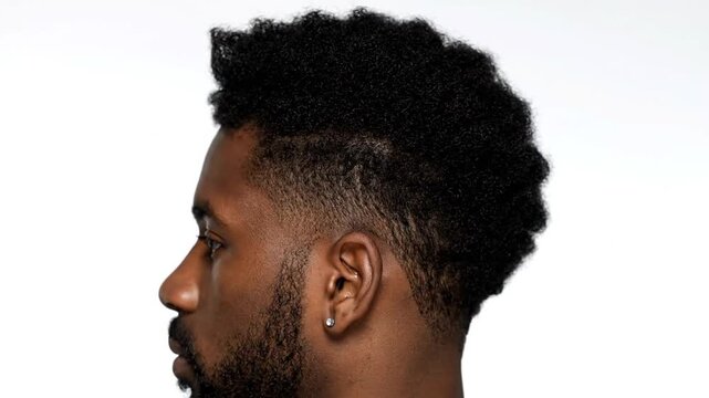 Black mans profile with short afro, and white background.