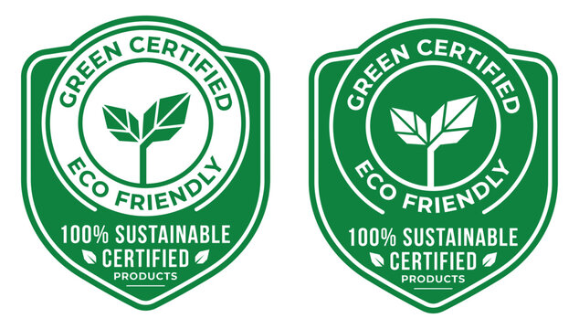 Green certified eco friendly sustainable product badge vector with leaf icon and shield label design isolated on white background