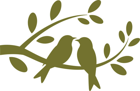 Olive green silhouette of two birds facing each other on a leafy tree branch isolated on white background for romantic nature themed