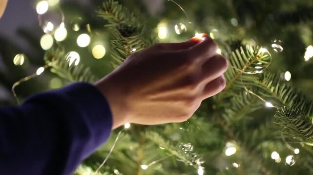 Christmas Tree Decorations.White LED String Lights.cozy festive atmosphere.4k footage