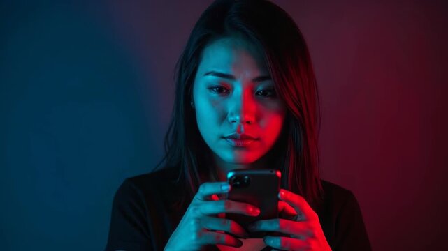 Duality of Connection: A young woman illuminated by contrasting red and blue light gazes intently at her smartphone, lost in the digital world and its emotional complexity.