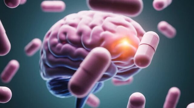 Brain with pills with pills surrounding brain.