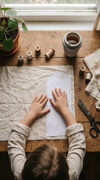 A child places hands on a garment pattern over linen fabric. This scene evokes a nostalgic mood of learning traditional crafts at home. Perfect for lifestyle and educational articles.