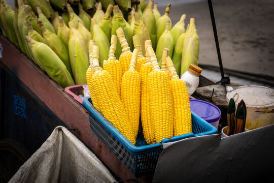 Fresh Yellow Sweet Corn on Cobs at Street Food Cart