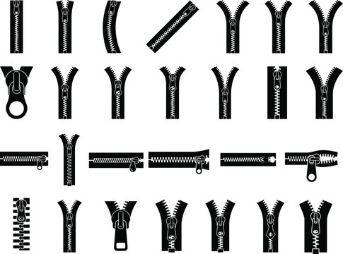 Zipper Silhouette Icons Set - Black Vector Collection
