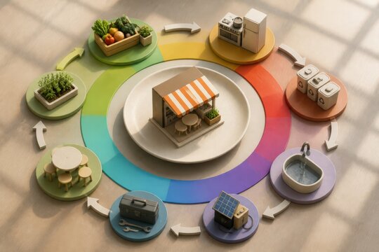 Circular sustainability concept with colorful cycle diagram and miniature business scene