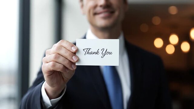 Businessman holding a Thank You card.