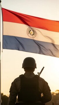 Paraguayan soldier standing in front of national flag at sunset, military patriotism concept, armed forces personnel in uniform, national pride and defense theme