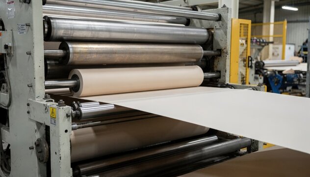 Medium shot of multinip calendar stack sequentially smoothing dry board surface optimizing flatness and preparing it for highquality coating applications.