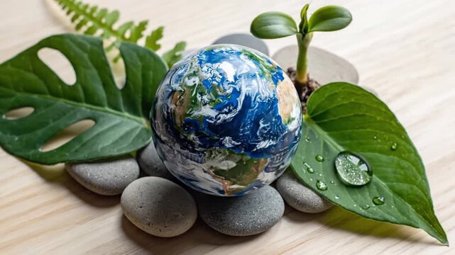 Miniature Earth globe with green leaves and sprout on wood