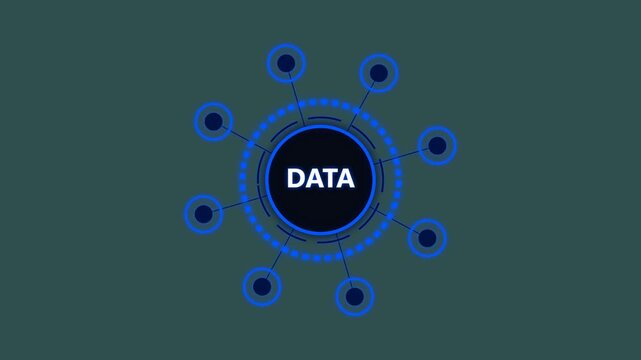 Data network connection with digital hub and glowing blue circles on dark background