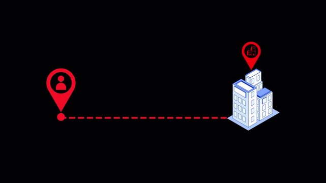 Animated Isometric User-to-Building Route Map with GPS Pins and Dashed Navigation Path &ndash; Business Location and Delivery Tracking Concept