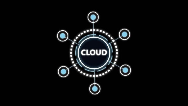 Cloud technology icon with glowing blue nodes and digital circle on black background