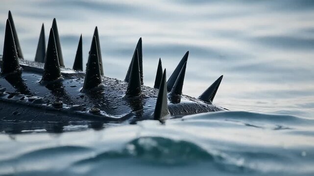 Row of sharp dark metal spikes of a water mine protruding from a wet surface into calm sea water
