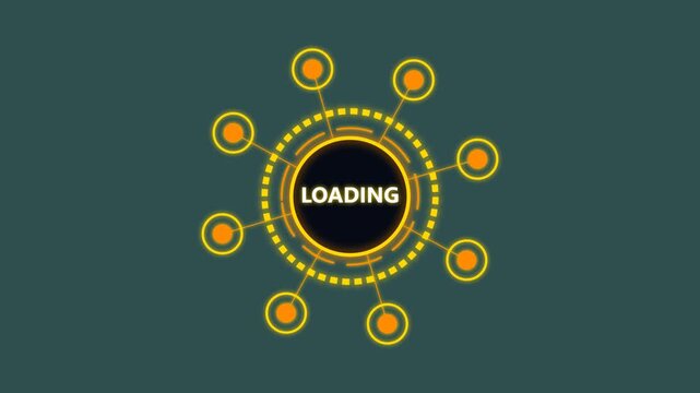 Digital loading progress icon with a glowing orange circular network on a dark backdrops