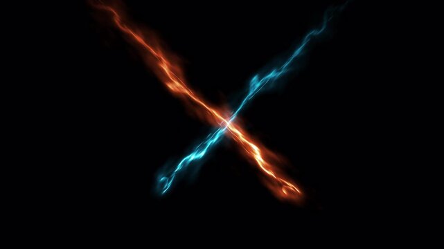glowing red and blue electric energy cross light effect isolated on black background cinematic abstract plasma beams intersecting dynamic neon sparks futuristic visual animation 4k video