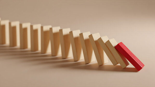Red Block Interrupts Chain Reaction of Beige Dominoes, Symbolizing Stop, Change, Crisis Prevention, or Problem Solving in a Business Concept