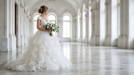Fototapeta premium Elegant bride in white lace wedding dress holding bouquet in bright hall