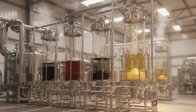 Medium shot showing solvent extraction units extracting impurities from used oils highlighting ecofriendly methods for producing refineryready recycled feedstock.