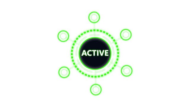 active status indicator with green glowing neon circles and rotating digital element