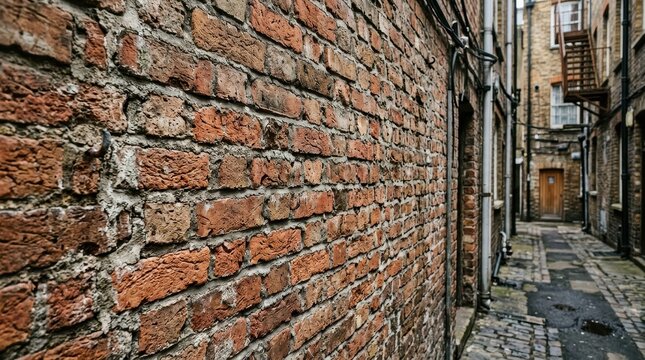 Close up of an old red brick wall texture with urban street details.