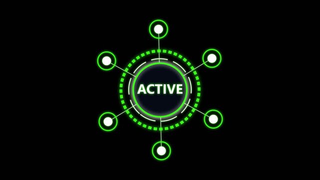 Active digital status icon with glowing green circles and nodes on black backgrounds