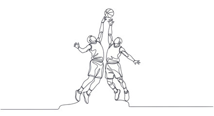 Basketball players jumping for a slam dunk, continuous line drawing, sport action © beni
