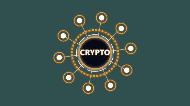 Crypto network diagram showing digital currency nodes on a dark abstract background.