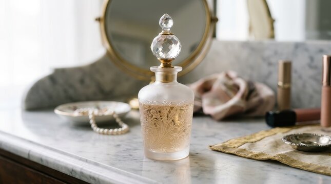 Elegant vintage perfume bottle with crystal stopper on vanity table