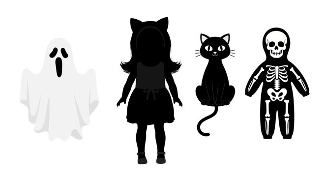 Halloween Characters Silhouette: Ghost, Girl, Black Cat, Skeleton