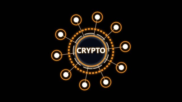 Crypto network icon with glowing orange circular elements on a black background loop