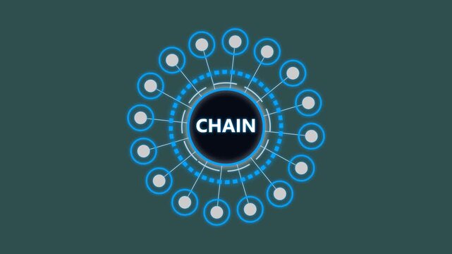 Blockchain network concept with digital nodes and glowing circles on dark background