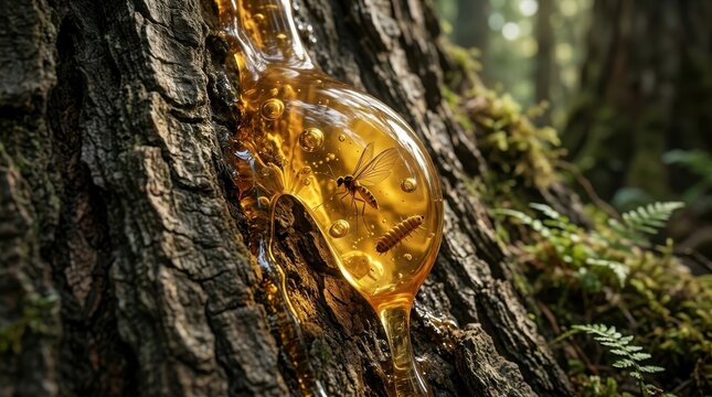 Golden amber resin slowly drips from a textured tree bark, trapping insects within its viscous flow