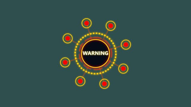 Digital warning hud interface with rotating circular elements and glowing red nodes.